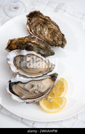 Molluschi di ostriche francesi, olandesi, del pacifico o giapponesi, taglia 1, serviti con limone fresco e pesce crudo Foto Stock