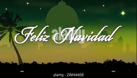 Immagine del testo di feliz navidad sulla città su sfondo verde Foto Stock