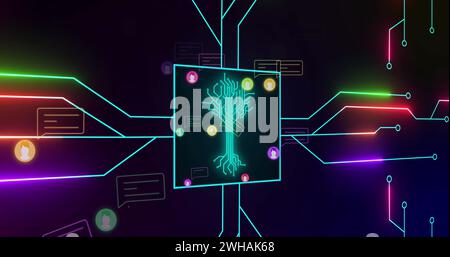 Immagine di un circuito integrato su messaggi e icone dei social media sullo spazio digitale Foto Stock