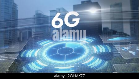 Immagine di 6 g di testo, elaborazione dati e paesaggio urbano Foto Stock