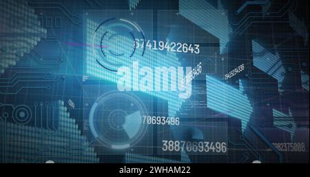 Immagine della scansione degli oscilloscopi, elaborazione dei dati con frecce luminose su sfondo blu Foto Stock