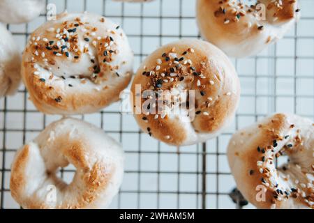 Bagel a lievitazione naturale su rack, tutto o in piano Foto Stock