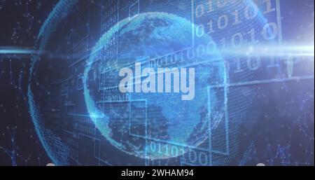 Immagine del globo che gira su elaborazione dei dati di codifica binaria su sfondo blu Foto Stock