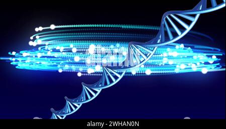 Immagine del filamento di dna che gira con spazio di copia su sfondo blu e nero Foto Stock