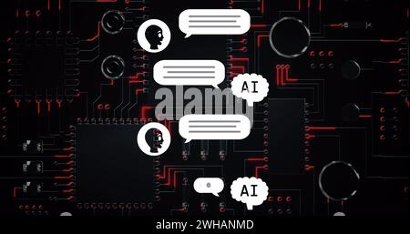 Immagine del testo ai, delle icone e dell'elaborazione dei dati su una scheda a circuito stampato Foto Stock