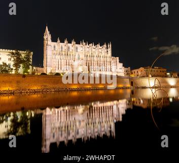 Palma di Maiorca, Spagna - 31 gennaio 2024: Vista notturna della cattedrale di Maiorca nel centro di Palma con riflessi sull'acqua Foto Stock