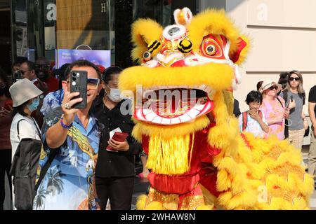 Bangkok, Thailandia. 9 febbraio 2024. A Lion Dancer posa per un selfie durante le celebrazioni del Capodanno lunare cinese per l'anno del drago 2024 a Bangkok, Thailandia crediti: Paul Brown/Alamy Live News Foto Stock