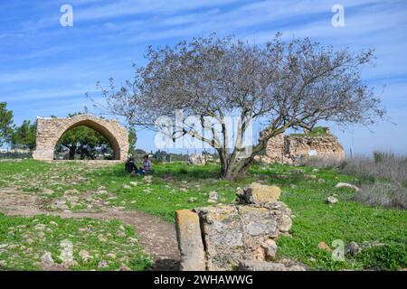 Resti di Mansur el-Aqeb con tre periodi di tempo distinti: A. periodo del secondo Tempio (i secolo d.C.) Una fattoria appartenente ad una famiglia ebraica B. Bisanzica Foto Stock