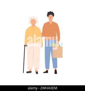 Fai volontariato con una persona anziana che aiuta a comprare generi alimentari. Assistente sociale che aiuta il nonno. Uomo custode e donna anziana che fa shopping. Infermieristica Illustrazione Vettoriale