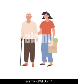Donna custode e anziano che fa shopping. Fai volontariato con una persona anziana che aiuta a comprare generi alimentari. Assistente sociale che aiuta il nonno. Infermieristica Illustrazione Vettoriale