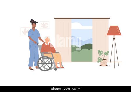 Infermiera o lavoratrice volontaria che si prende cura di una donna anziana su sedia a rotelle. Scena di anziani disabili con assistente sociale a casa. Residenziale Illustrazione Vettoriale