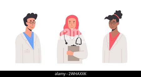 Set di diverse donne e uomini medico medico medico, medico, paramedico che tiene blocco note storia medica e stetoscopio. Operatori sanitari ospedalieri Illustrazione Vettoriale