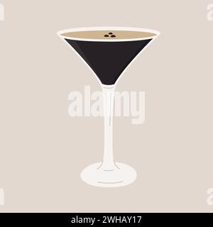 Cocktail espresso Martini in vetro guarnito con chicchi di caffè. Aperitivo con alcol. Bevanda alcolica isolata sullo sfondo. Minimo vettore Illustrazione Vettoriale