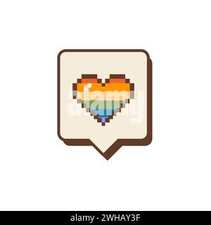 Icona simile a una notifica con bandiera arcobaleno a forma di cuore colorata. Icona di social media o app con il simbolo LGBTQ. Gay Pride vecchio computer a 8 bit. Vettore Illustrazione Vettoriale