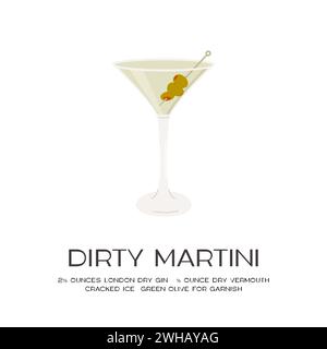 Dirty Martini cocktail in vetro con ghiaccio e olive ripiene sullo spiedino. Carta quadrata retrò con ricetta per l'aperitivo estivo. Stampa minimalista con alcolici Illustrazione Vettoriale