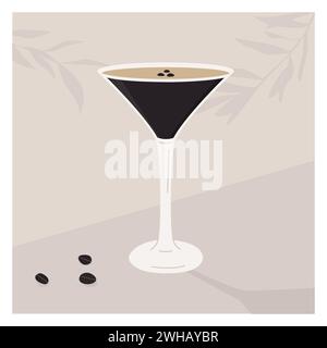 Cocktail espresso Martini in vetro guarnito con chicchi di caffè. Scheda quadrata retrò per menu bar. Poster di arte murale con bevanda alcolica e albero Illustrazione Vettoriale