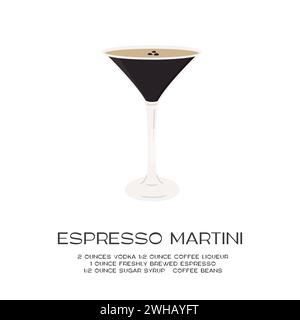 Cocktail espresso Martini in bicchiere martini guarnito con chicchi di caffè. Stampa minimalista con la ricetta dell'aperitivo. Poster di arte murale con alcolici Illustrazione Vettoriale