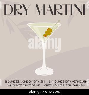 Cocktail Martini asciutto in bicchiere con ghiaccio e olive ripiene sullo spiedino. Ricetta dell'aperitivo estivo, elegante carta quadrata retrò. Stampa con bevanda alcolica A. Illustrazione Vettoriale