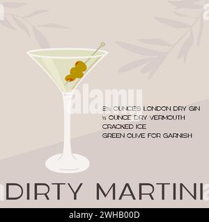 Dirty Martini cocktail in vetro con ghiaccio e olive ripiene sullo spiedino. Ricetta dell'aperitivo estivo, elegante carta quadrata retrò. Stampa con bevanda alcolica Illustrazione Vettoriale