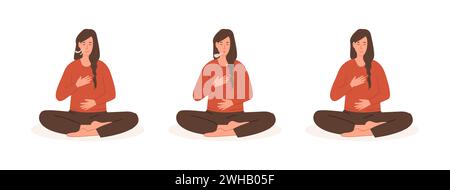 Set di posture yoga. Giovane donna che fa esercizio addominale. Donna che espirava e inalava. Pratica di respirazione profonda del ventre. Meditazione, diaframma Illustrazione Vettoriale