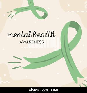 Tessera quadrata di consapevolezza della salute mentale. Nastro verde simbolo internazionale per le malattie mentali. Banner sanitario medico. Illustrazione vettoriale in S piatte Illustrazione Vettoriale