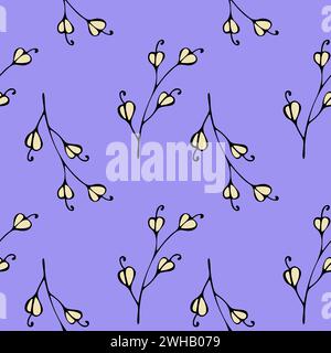 Questa immagine presenta un design ripetitivo di pittoreschi fiori gialli stilizzati distribuiti uniformemente sullo sfondo rilassante della lavanda. Illustrazione Vettoriale