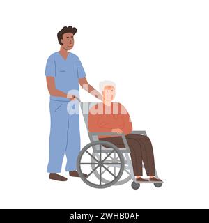 Infermiere o medici diversi che si prendono cura di anziani su sedia a rotelle. Concetto di casa di riposo. Vita assistita. Struttura di assistenza residenziale. Persona anziana con Illustrazione Vettoriale