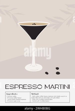 Cocktail espresso Martini in bicchiere con chicchi di caffè. Stampa retrò della ricetta dell'aperitivo estivo. Poster wall art con bevanda alcolica guarnita con Illustrazione Vettoriale