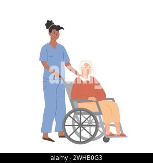 Infermiera o medico di colore che si prende cura di una donna anziana su sedia a rotelle. Concetto di casa di riposo. Vita assistita. Struttura di assistenza residenziale. Signora anziana con Illustrazione Vettoriale