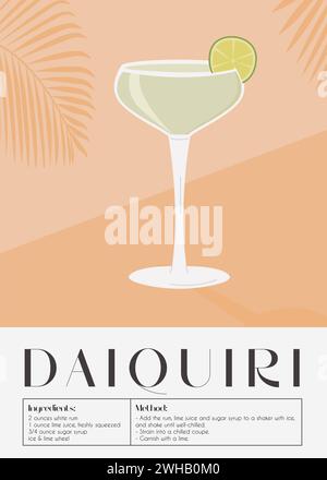 Cocktail daiquiri in bicchiere di martini guarnito con fetta di lime. Stampa retrò della ricetta dell'aperitivo estivo. Poster wall art con bevande alcoliche e. Illustrazione Vettoriale