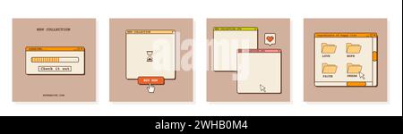 Post sui social media nel design nostalgico della vecchia scuola. Sfondi dall'estetica retrò anni '80 anni '90, sfondi vintage con vecchia interfaccia utente del computer. Set di Illustrazione Vettoriale