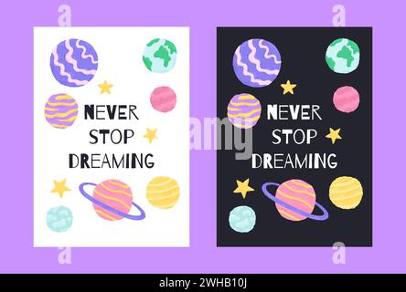 Poster spaziale con simpatici pianeti in stile cartoni animati disegnati a mano con citazioni letternig. Illustrazione vettoriale Illustrazione Vettoriale