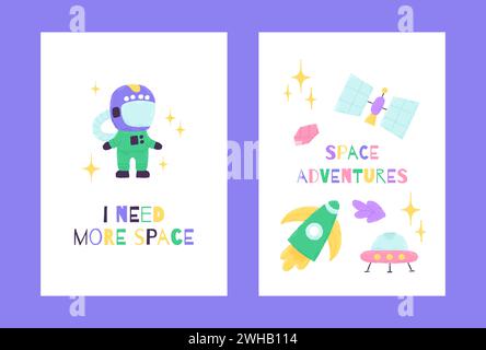 Poster spaziale con personaggi carini in stile cartoni animati disegnati a mano con caratteri di citazione. Illustrazione vettoriale Illustrazione Vettoriale