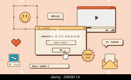 Sfondo estetico vintage astratto per la campagna e-mail newsletter. Modello desktop vaporwave con finestra di dialogo dell'interfaccia utente di un vecchio computer di 80s 90s Illustrazione Vettoriale