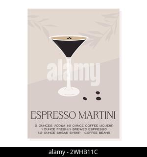 Cocktail espresso Martini in vetro guarnito con chicchi di caffè. Stampa retrò con la ricetta dell'aperitivo. Poster di arte murale con bevanda alcolica e albero Illustrazione Vettoriale