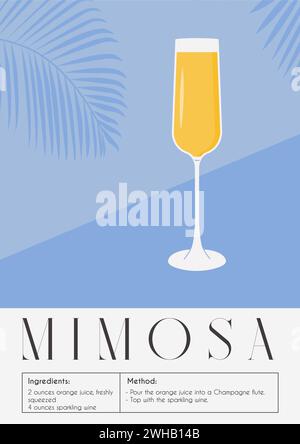 Cocktail Mimosa in calice di champagne. Ricetta dell'aperitivo estivo con succo d'arancia e prosecco. Mixology minimalista semplice stampa verticale. Alcolico Illustrazione Vettoriale