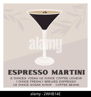 Cocktail espresso Martini in vetro guarnito con chicchi di caffè. Stampa retrò con la ricetta dell'aperitivo. Poster di arte murale con bevanda alcolica e albero Illustrazione Vettoriale