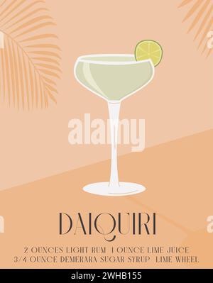 Cocktail daiquiri in bicchiere di martini guarnito con fetta di lime. Stampa retrò della ricetta dell'aperitivo estivo. Poster minimale Wall art con bevanda alcolica Illustrazione Vettoriale