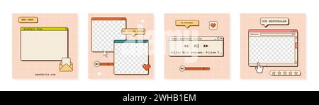 Post sui social media nel design nostalgico della vecchia scuola. Sfondi dall'estetica retrò anni '80 anni '90, sfondi vintage con vecchia interfaccia utente del computer. Set di Illustrazione Vettoriale