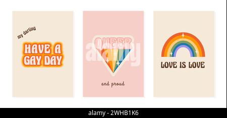 Graziosi biglietti di auguri con simboli LGBT in stile anni '60 e '70. Poster del mese Pride con frasi e slogan arcobaleno e LGBTQ. Set di queer Illustrazione Vettoriale