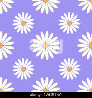 Il motivo senza cuciture con margherite bianche stilizzate con centri gialli su sfondo lavanda raffigura un design allegro e floreale. Illustrazione Vettoriale