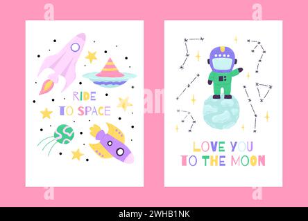 Poster spaziale con personaggi carini in stile cartoni animati disegnati a mano con caratteri di citazione. Illustrazione vettoriale Illustrazione Vettoriale