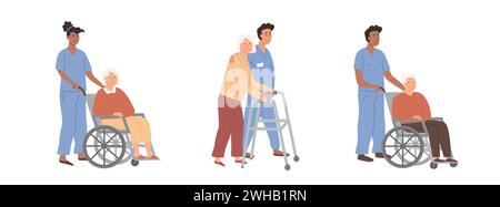 Gruppo di infermiere o volontari di sesso femminile e maschile che si prendono cura delle persone anziane su sedia a rotelle e con gli escursionisti. Anziani con l'assistente sociale Illustrazione Vettoriale