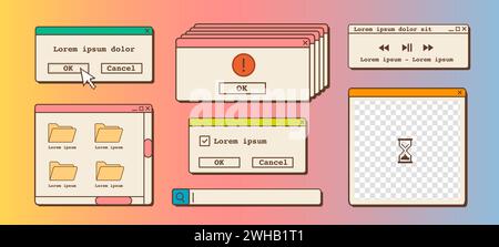 Set vettoriale di vecchi elementi dell'interfaccia utente desktop di 90s. interfaccia utente utente del computer retrò nostalgico, icone estetiche vintage e finestre di dialogo. Vaporwave e. Illustrazione Vettoriale