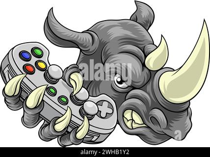 Rhino Rhinoceros Gamer Gaming Cartoon Mascot Illustrazione Vettoriale