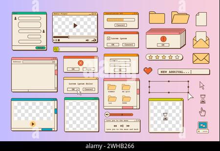 Ampia serie di modelli di finestre di dialogo e browser desktop Vaporwave retrò. elementi di interfaccia utente vecchi computer anni '80 anni '90 e icone estetiche vintage Illustrazione Vettoriale