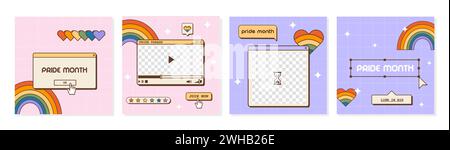 Set di post sui social media lofi retrò futuristici di vaporwave per il mese del Pride LGBTQ. Striscioni quadrati estetici anni '80 anni '90 Y2K. Biglietti d'auguri con vecchi Illustrazione Vettoriale