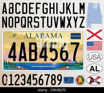 Modello della targa Alabama, lettere, numeri e simboli, illustrazione vettoriale, Stati Uniti Illustrazione Vettoriale