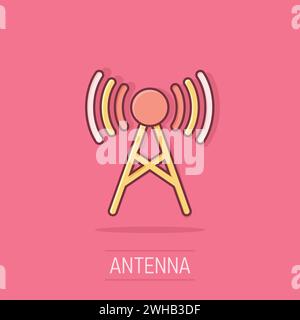 Icona della torre dell'antenna in stile fumetto. Trasmissione di un'illustrazione vettoriale su sfondo isolato. Concetto di business con effetto splash WIFI. Illustrazione Vettoriale