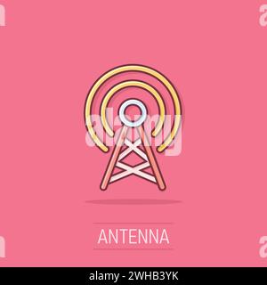 Icona della torre dell'antenna in stile fumetto. Trasmissione di un'illustrazione vettoriale su sfondo isolato. Concetto di business con effetto splash WIFI. Illustrazione Vettoriale